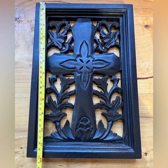 Hand-Carved Wood Panel Cross Dark Brown / Black Scandinavian Style Wall Hanging - Picture 6 of 8
